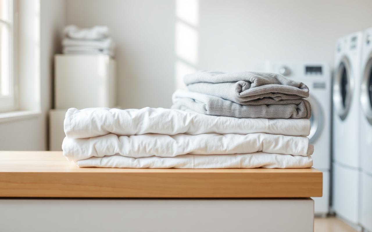 A folded stack of clean white and grey laundry on a wooden counter