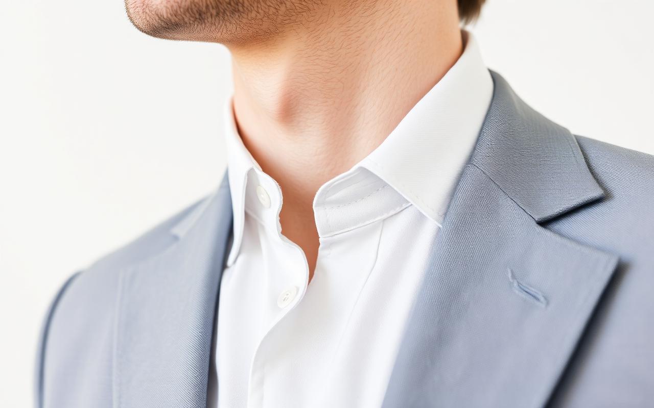 Close-up of a crisp pressed shirt collar beside a jacket lapel