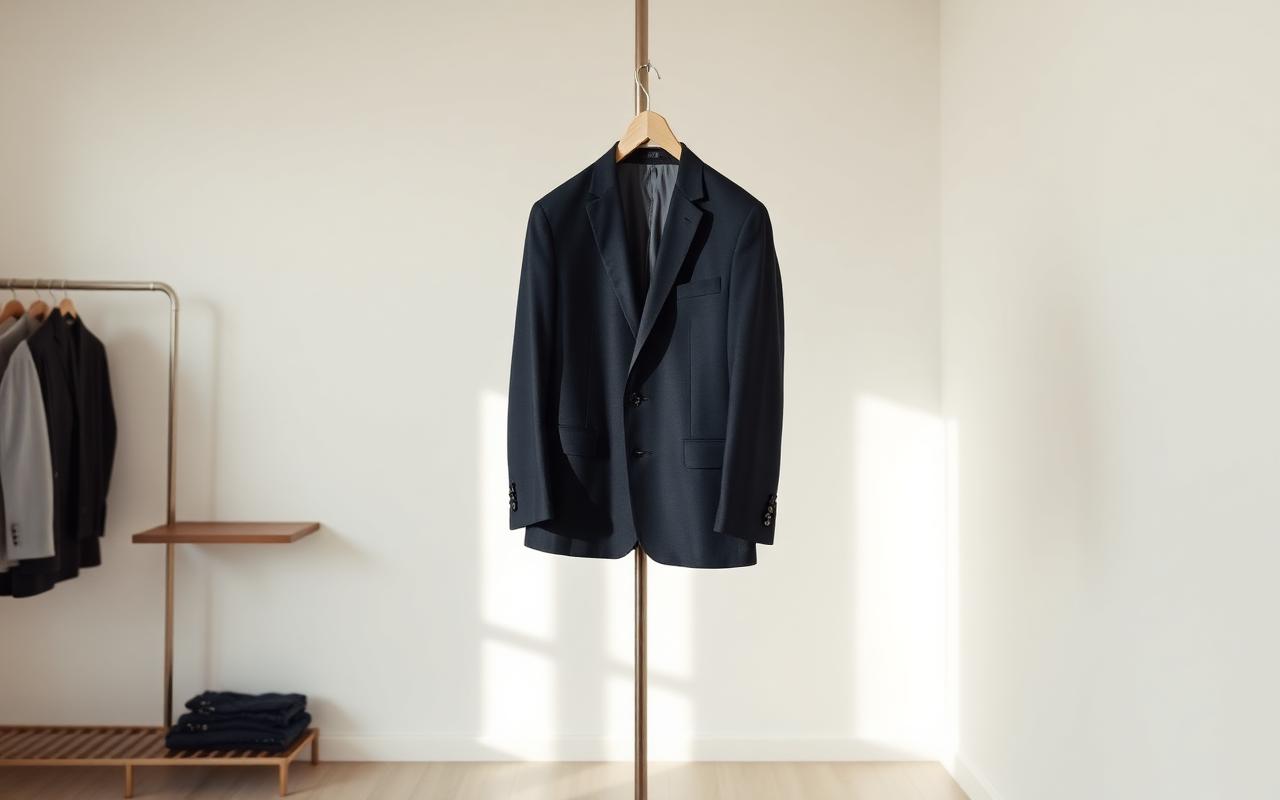 A tailored navy wool suit jacket hanging in a bright garment care studio