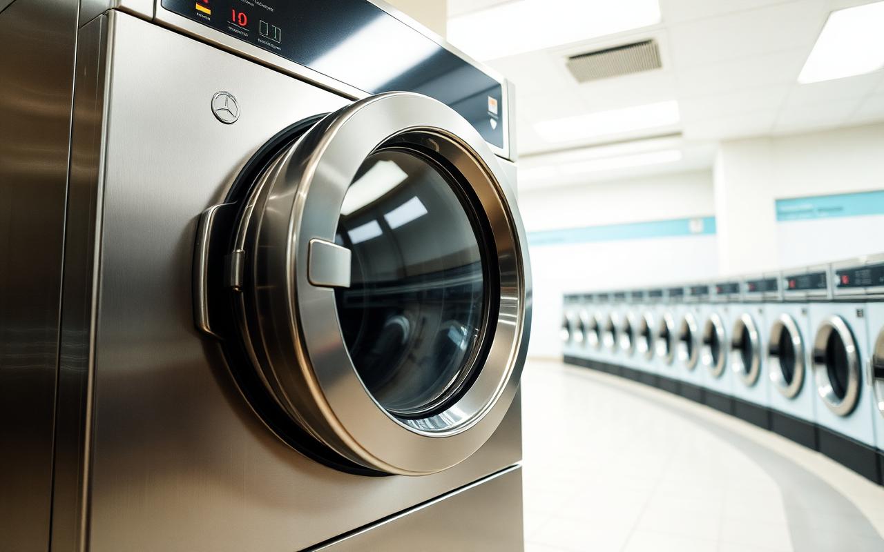 A large-capacity commercial front-load washer in a bright laundromat