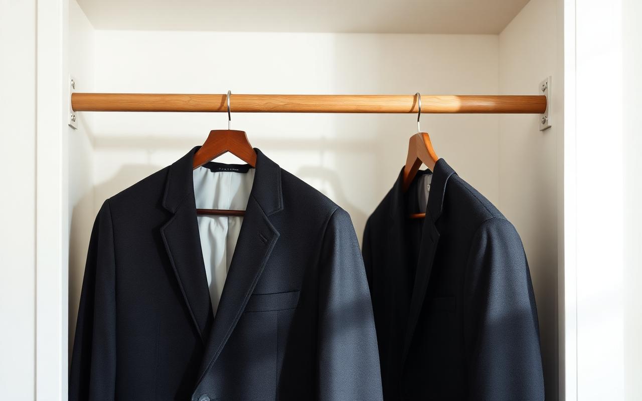 Two tailored suits hanging on a wooden closet rail