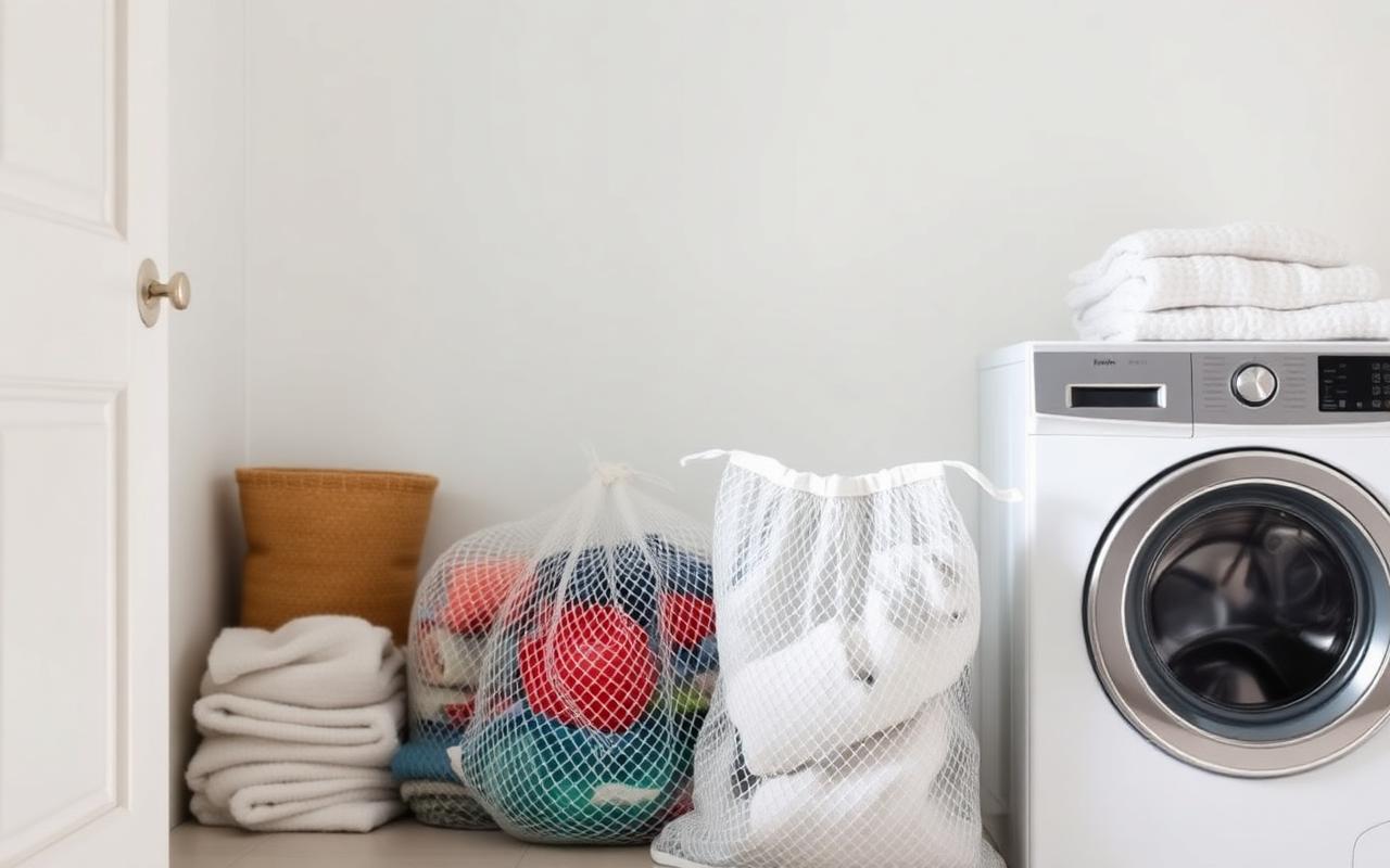 Mesh laundry bags and sorted garments beside a front-load washer