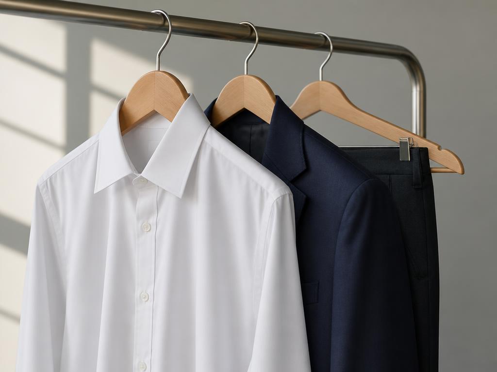 A neatly pressed dry-cleaning set — crisp white shirt, navy blazer and trousers on wooden hangers