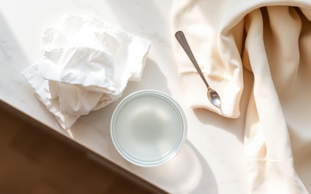 A small home stain kit of white cloths, a bowl of cool water and a spoon