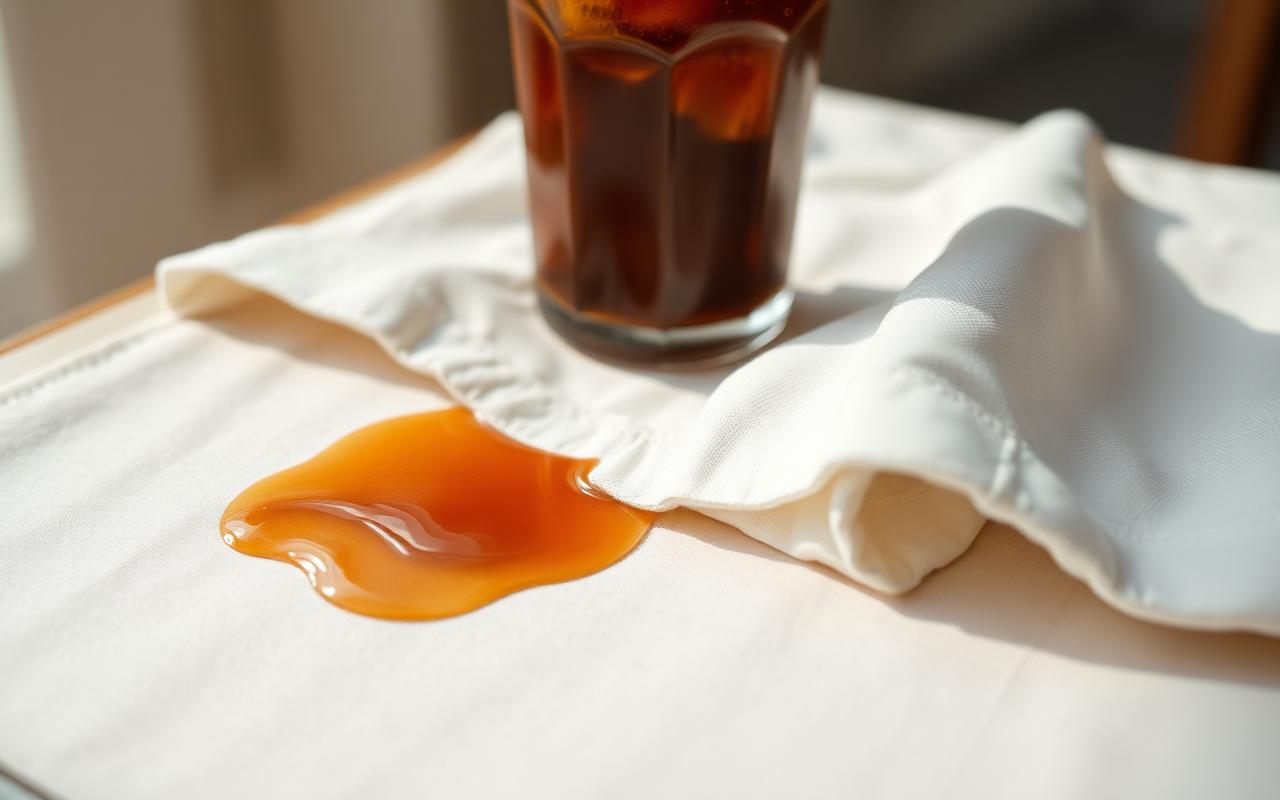 An iced coffee spill on a light cotton shirt in summer daylight