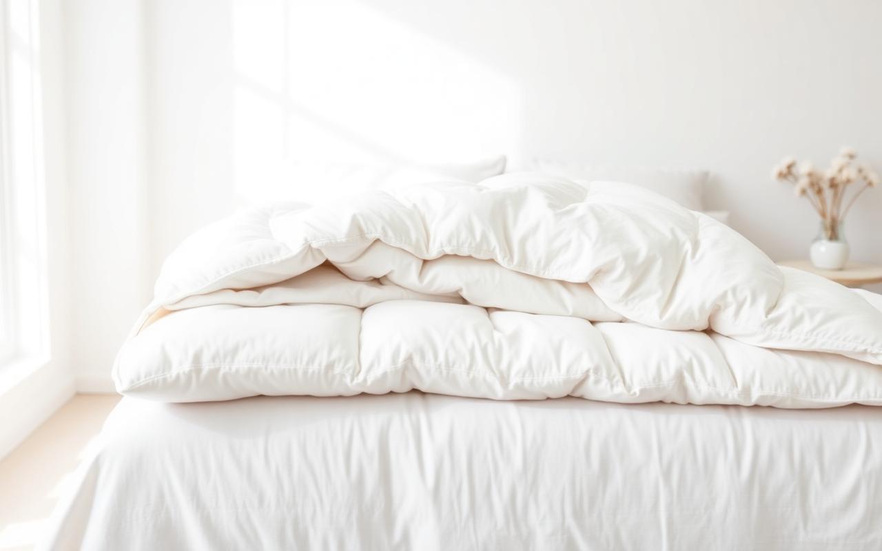 A plush white duvet folded on a bed in a bright airy bedroom