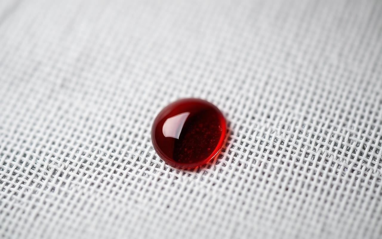Macro view of a red wine droplet resting on white linen weave