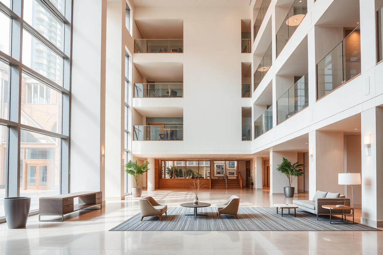 A bright apartment building lobby and lounge