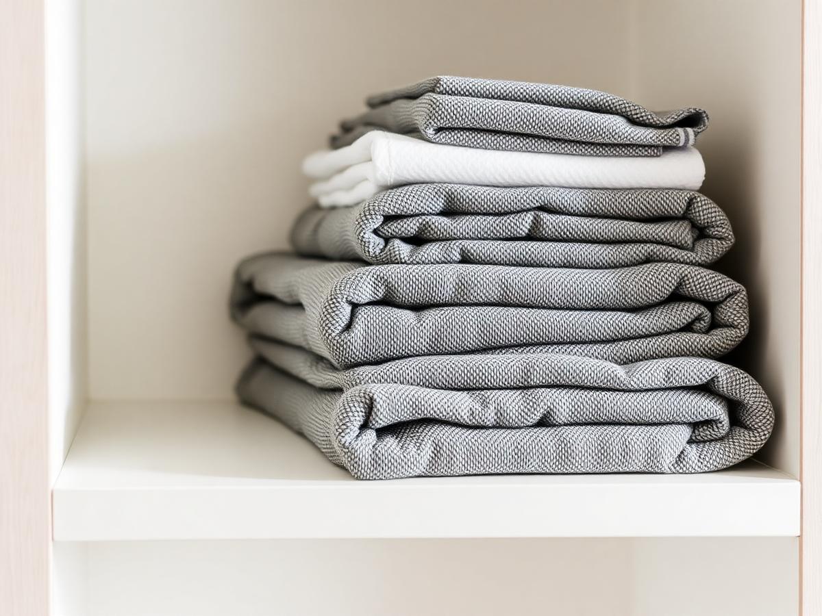 Folded amenity towels stacked on a shelf
