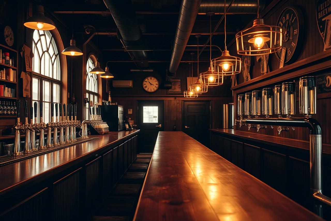 An empty taproom bar with taps and warm evening light