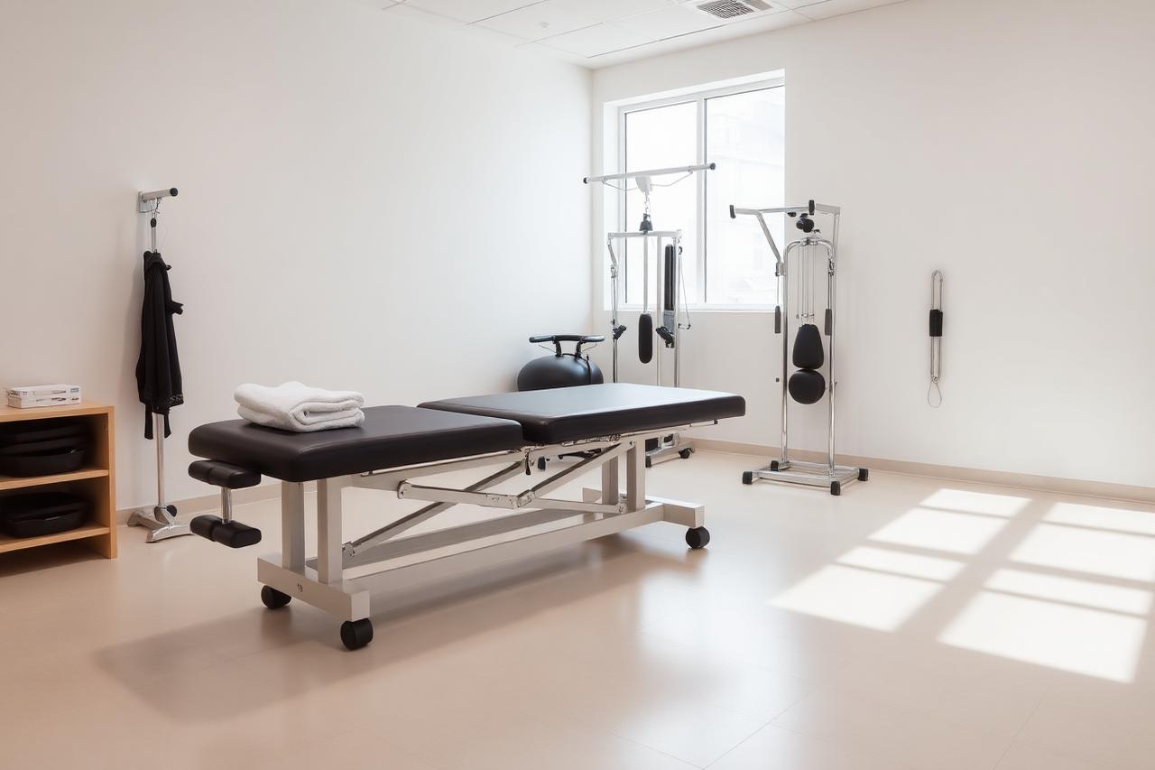 A physical therapy clinic room with a treatment table