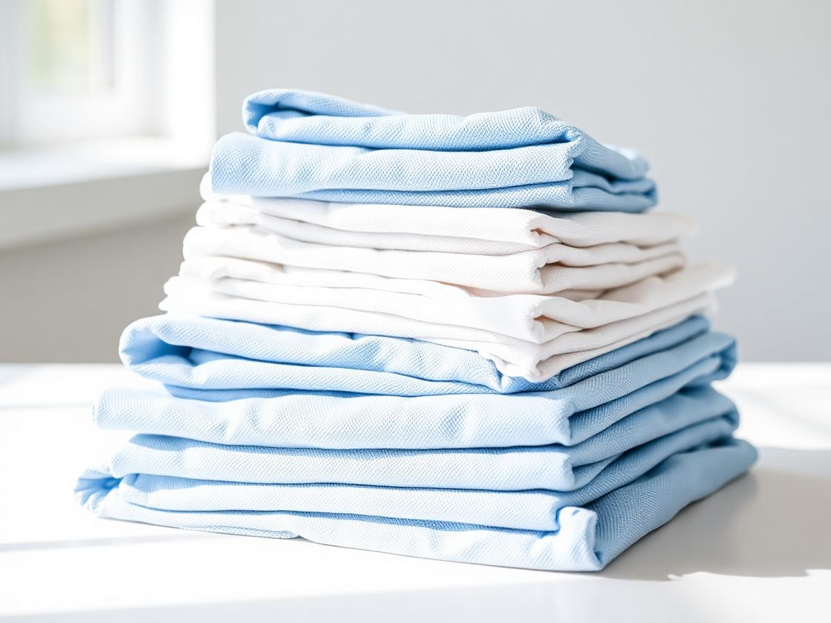 Folded pale blue clinic towels and table sheets
