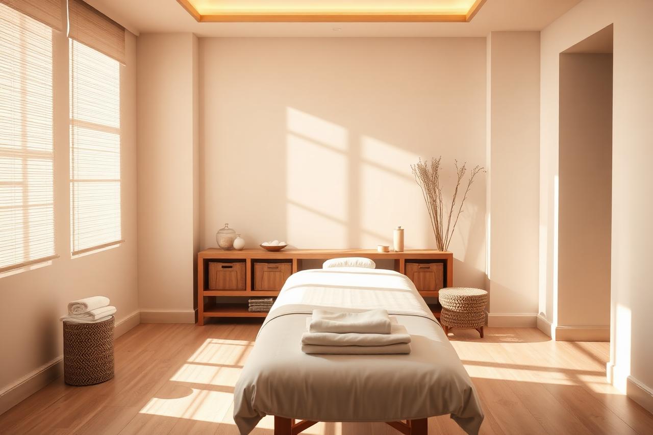 A calm spa treatment room with fresh linens on the table