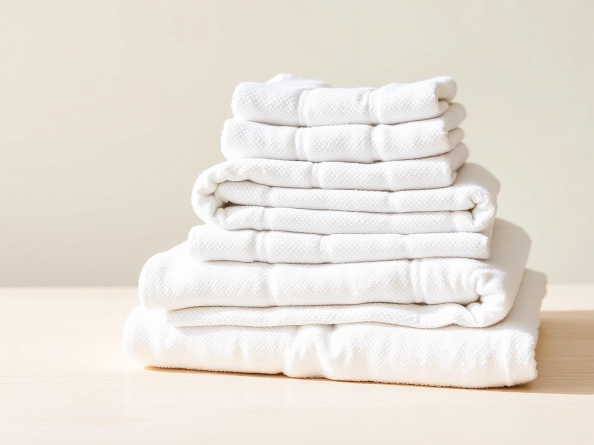 A stack of plush white spa towels and sheets