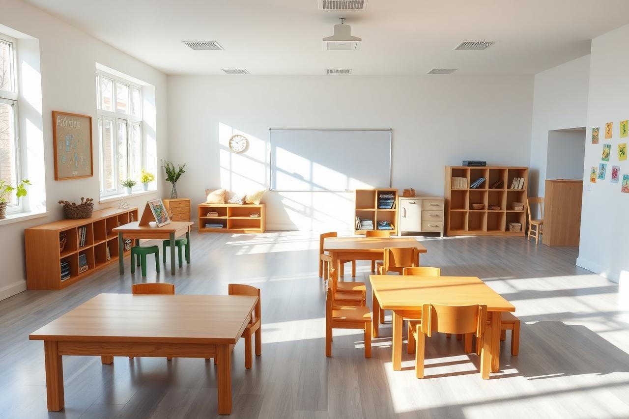 A bright preschool classroom with low tables and a reading corner