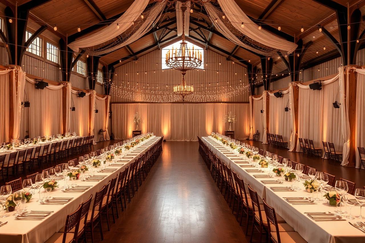 An event venue set with long tables and white linen
