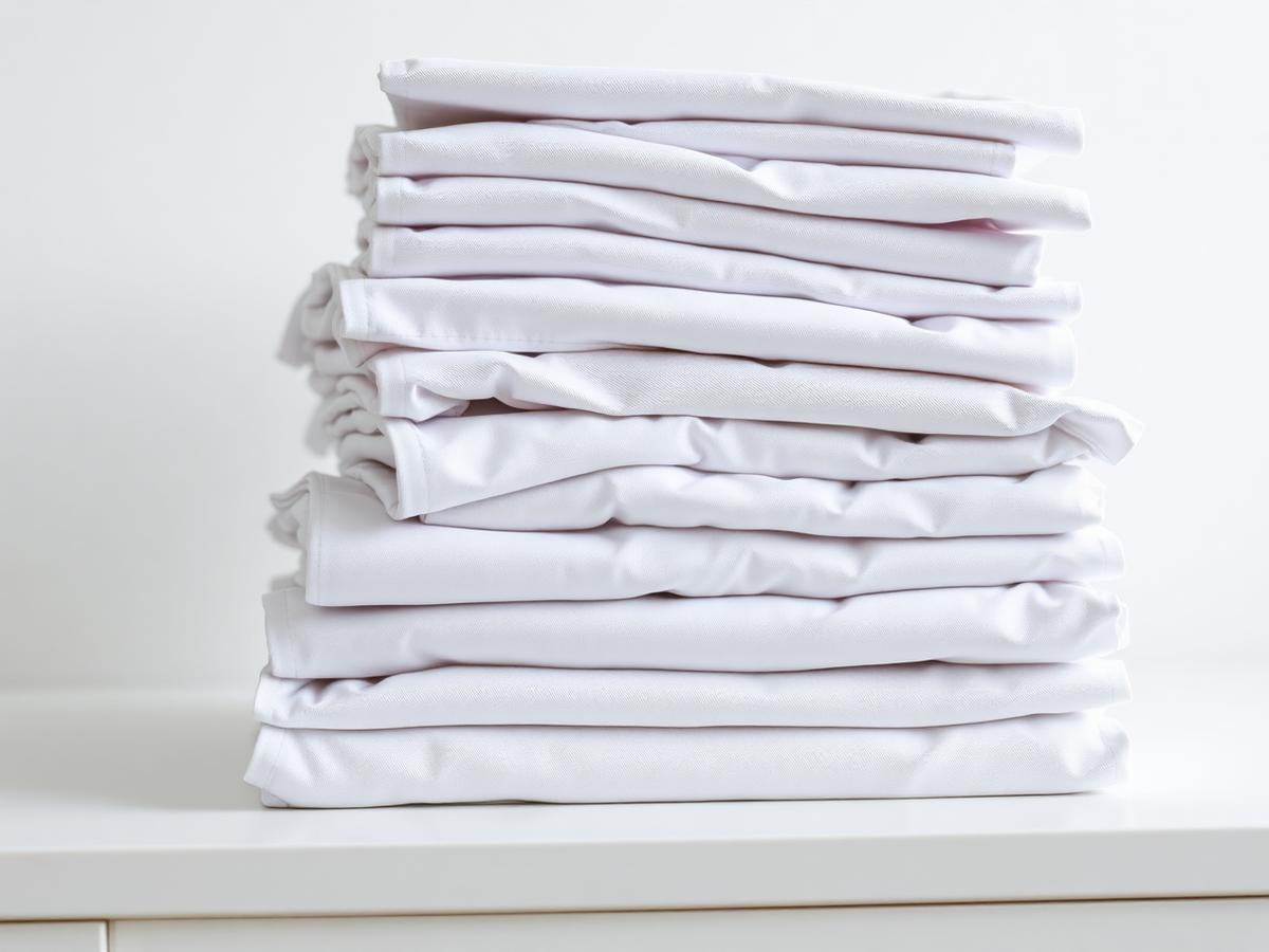 Crisply folded white scrubs and lab coats