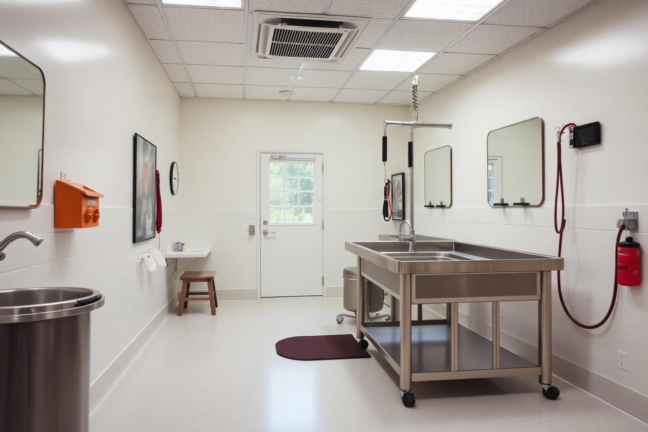 A clean pet grooming room with a stainless steel table and tub