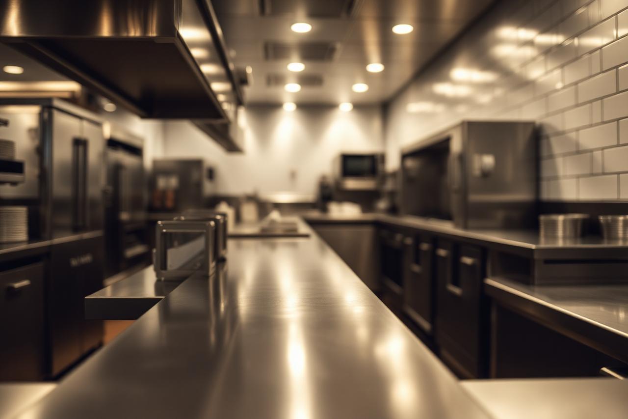 A stainless steel restaurant kitchen line ready for service