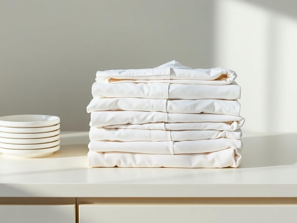 Freshly laundered chef coats and aprons folded in a stack