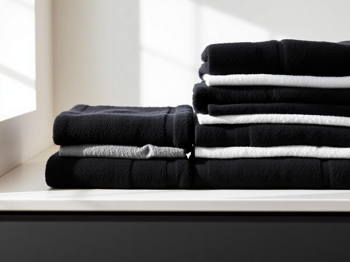 Folded black salon towels stacked on a pale counter