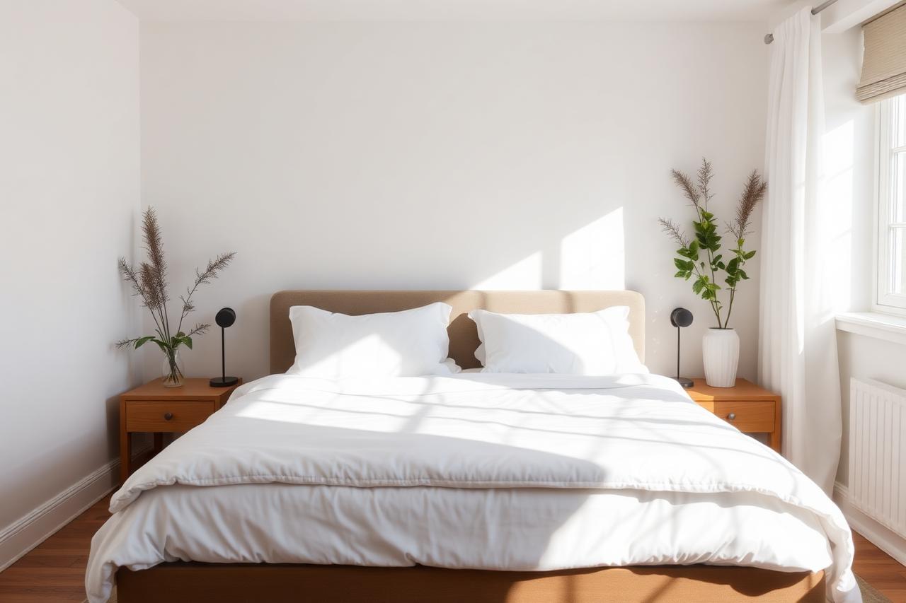 A short-term rental bedroom made up with crisp white bedding