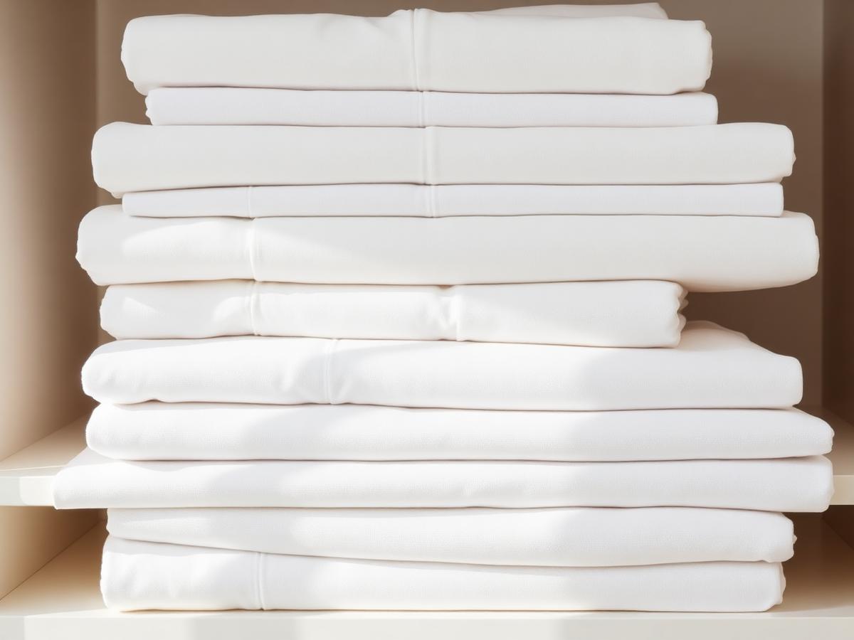 Folded white sheets and bath towels on a linen shelf