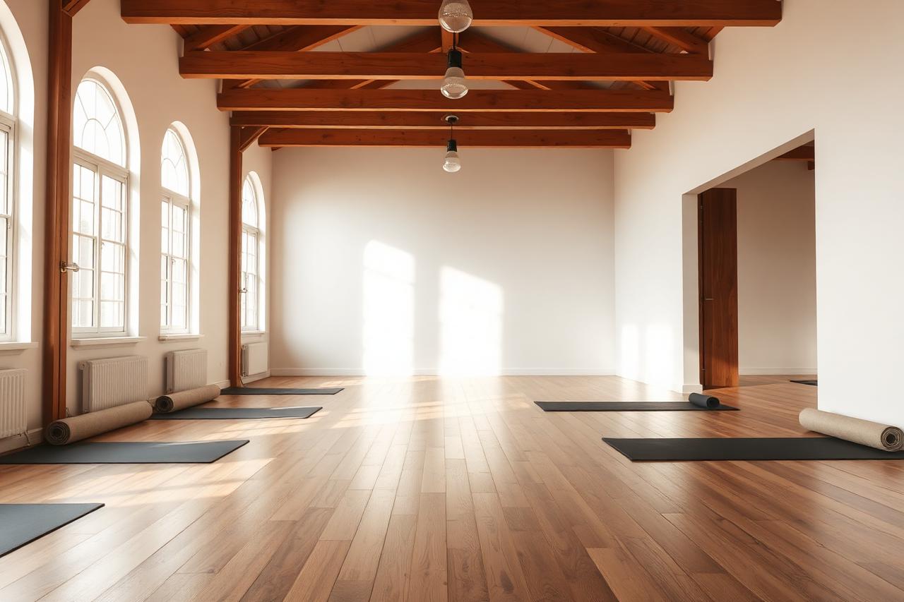 An empty yoga studio with a wooden floor and rolled mats