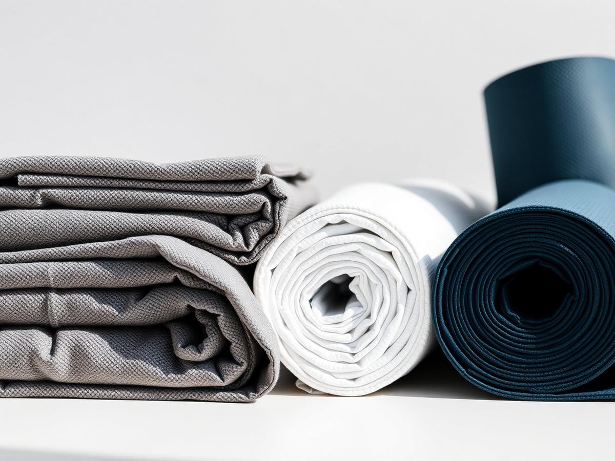 Folded studio towels beside rolled yoga mats
